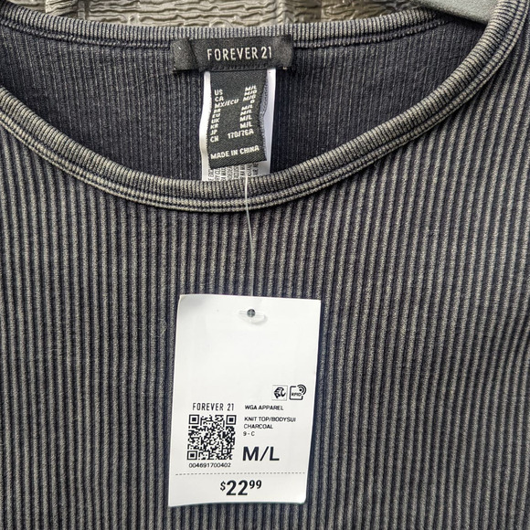 NWT Forever 21 Ribbed Knit Bodysuit Long Sleeve, Charcoal Distressed - Picture 7 of 9